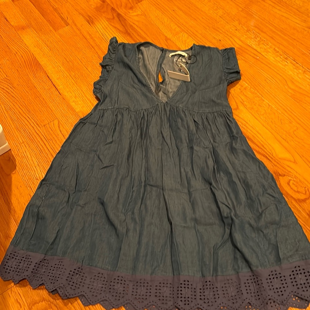 V neck jean dress with eyelet trim